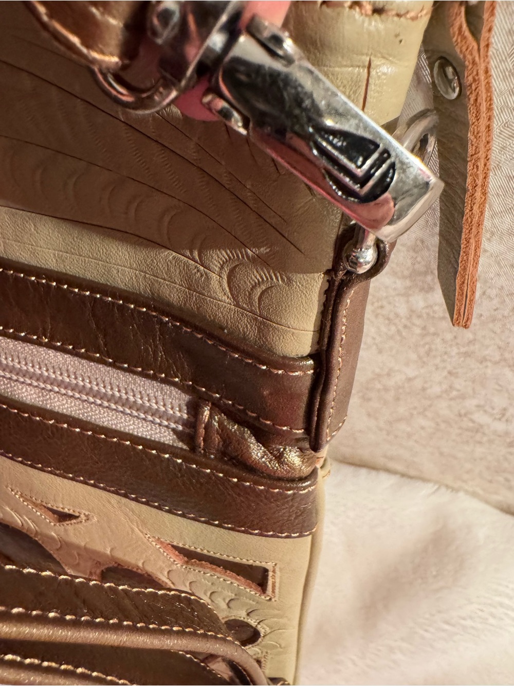 Labrado Leather in Beige and Brown - crossbody Embossed Leather Design - Picture 6 of 15